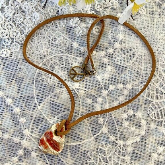 Vintage Leather Cord Abalone Shell Surfer Necklace Rugged Unisex 22" - Picture 4 of 11